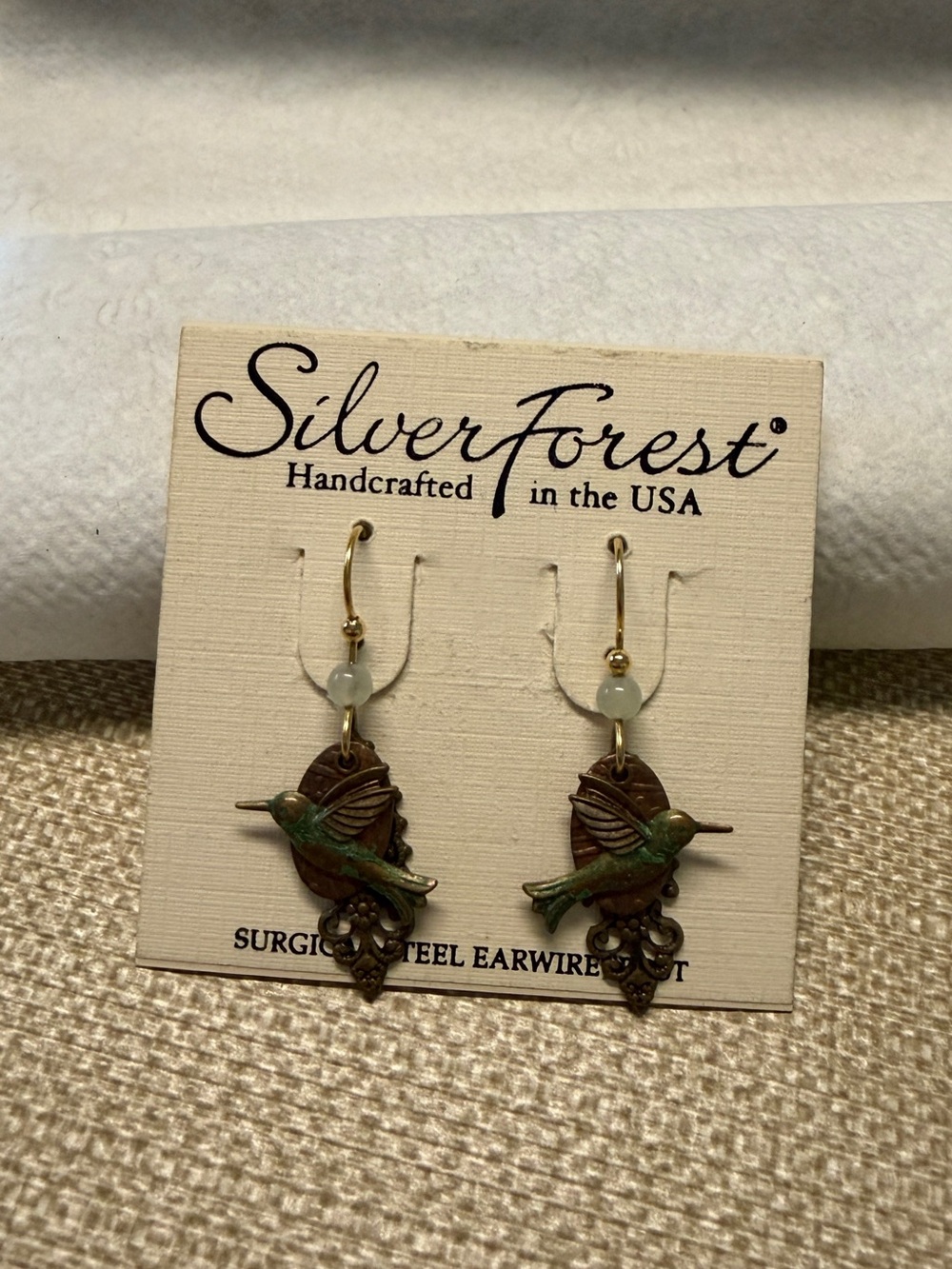 Silver Forest Green Patina Hummingbird Drop Earrings